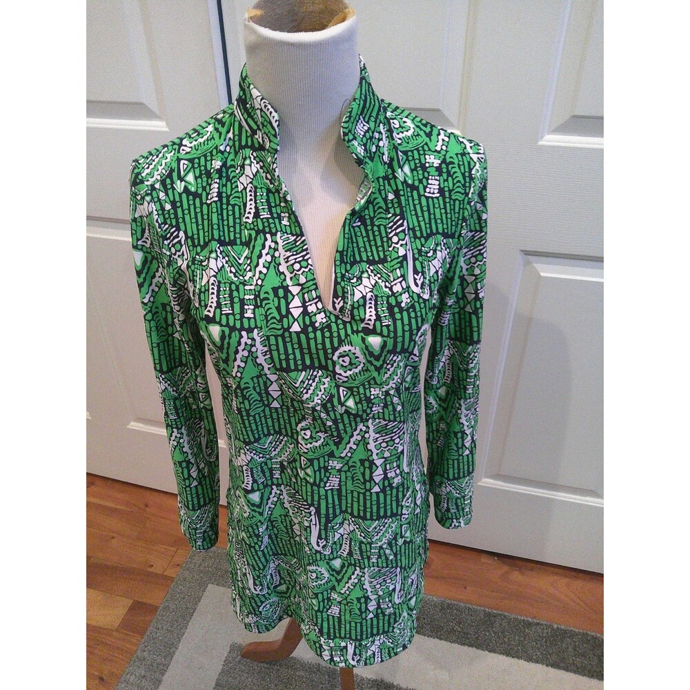 Jude Connally Geometric  ( Hidden Elephant )Tunic Top Kelly Green & Navy Size Sm